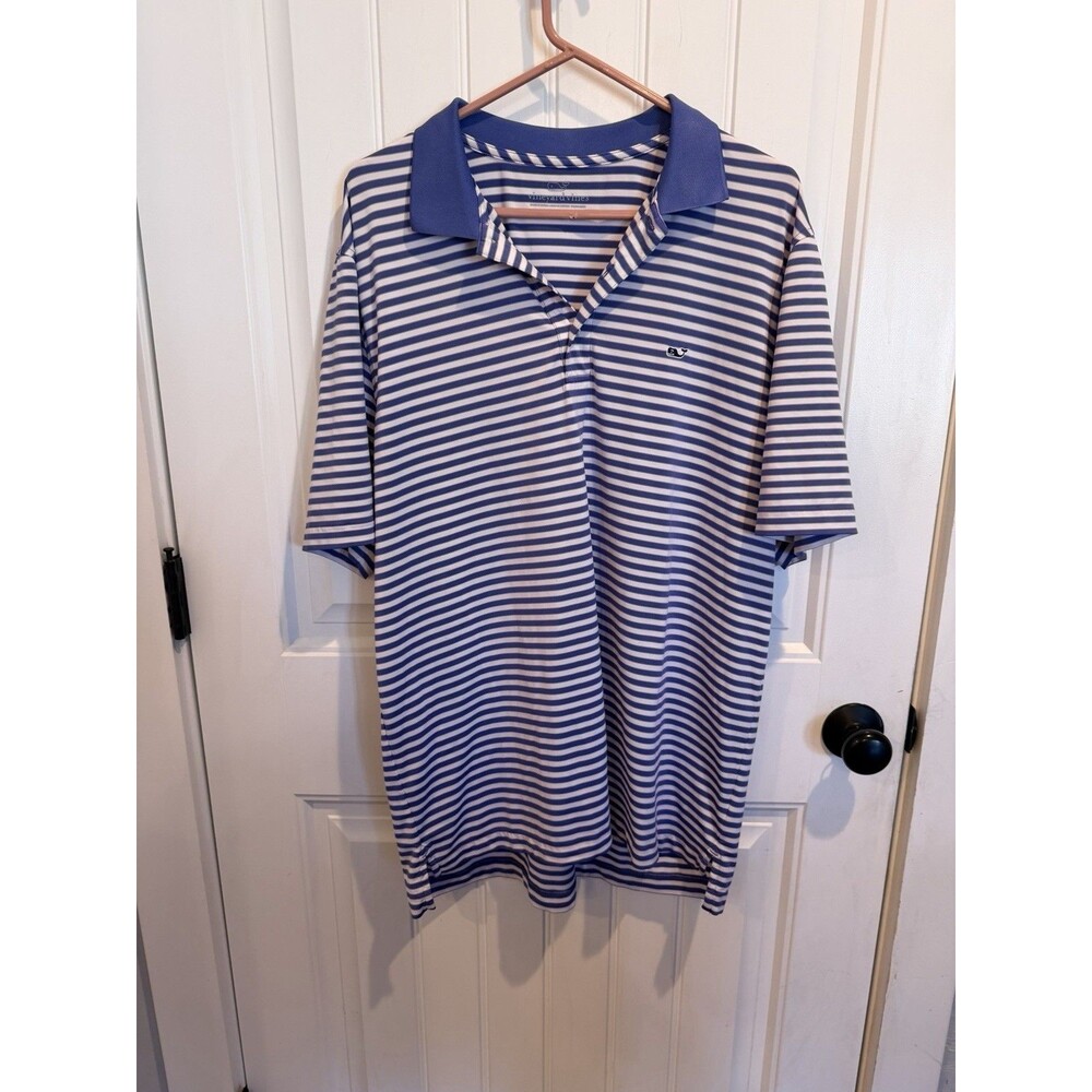 Vineyard Vines Men’s Large Blue White Striped Performance Polo Shirt Whale Logo